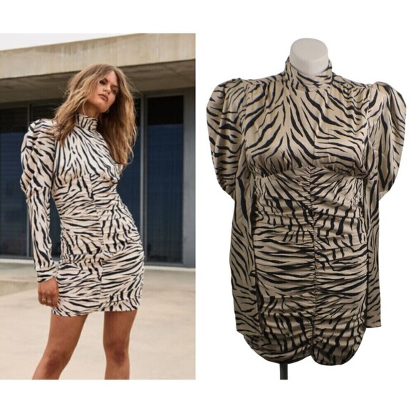 Bardot Women Size 10 Beige Animal Print Puff Sleeve Ruched Mini NEW Dress Party - Picture 15 of 16